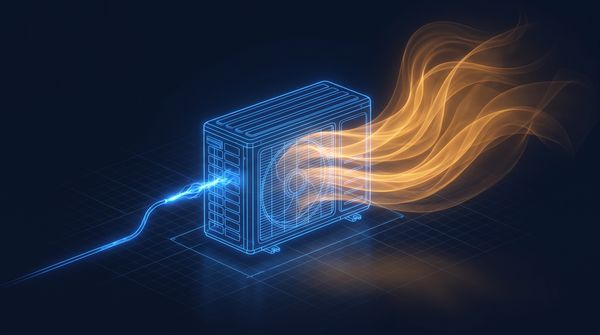 Outdoor air conditioner unit blowing a large warm plume while a thin blue stream of electricity enters, heat moved not made
