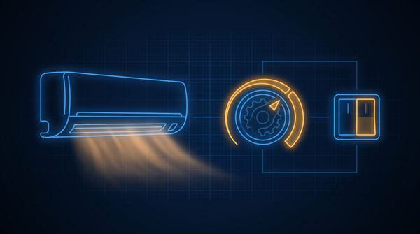 Split air conditioner beside a glowing variable speed dial contrasted with a simple on-off switch