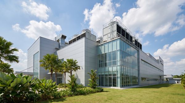 Modern glass-and-steel factory building in Malaysia with rooftop cooling towers and ventilation equipment, surrounded by tropical palms and green landscaping under a bright blue sky