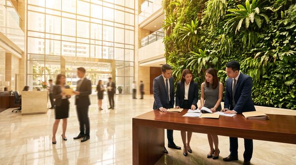 Businesspeople reviewing financing documents at a table beside a green planted wall in a Malaysian bank tower lobby