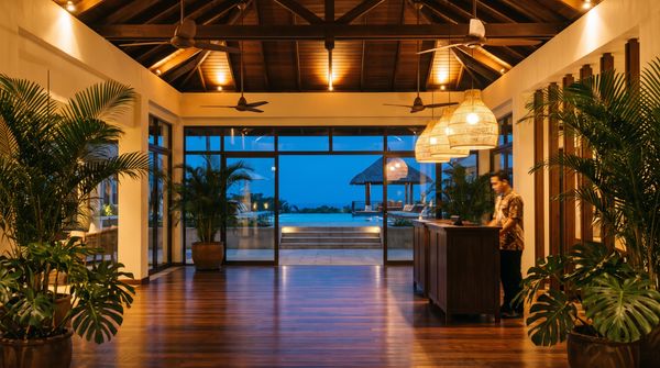Malaysian resort hotel lobby at dusk with warm rattan pendant lights, ceiling fans, tropical plants and a staff member at the reception desk overlooking a lit pool terrace