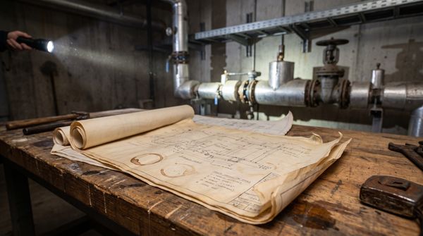 Yellowed as-built engineering drawings unrolled on a plant-room workbench while a torch beam lights real pipework and valves in the background that differ from the drawing