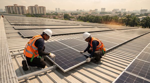 Two solar installers in safety harnesses and hard hats mounting photovoltaic panels on a Malaysian factory rooftop, with a hazy city skyline and palm trees in the background