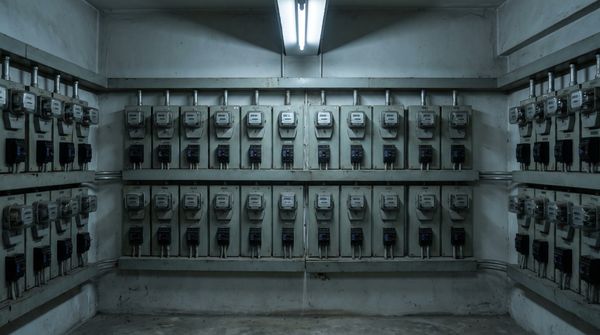 Rows of tenant electricity check-meters and labelled circuit breakers mounted on panel boards in a commercial building riser room under fluorescent light