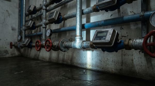 Bank of digital water submeters on galvanized and blue pipes in a dim building services room, with a single drip falling from a pipe joint onto a wet concrete floor
