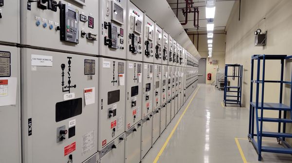 Row of labelled medium-voltage switchgear panels in a clean electrical room